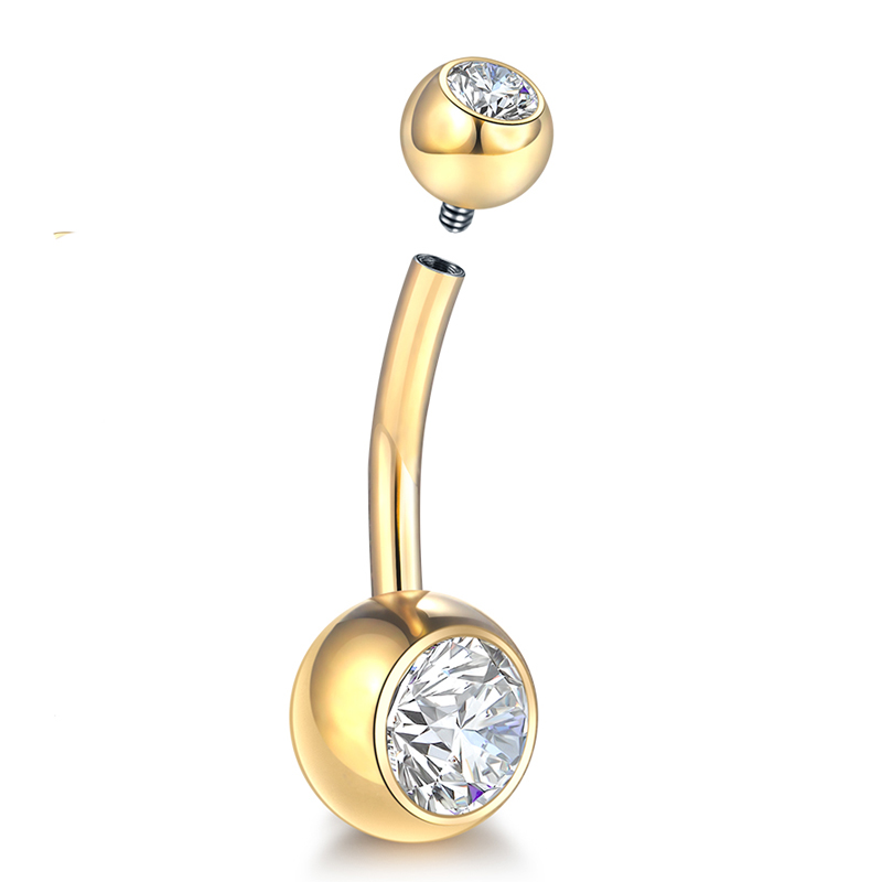 Anillo de titanio G23 para el ombligo, hilo interno de 14G, 6/8/10/12mm, Circonia cúbica, joyería para el ombligo, , 1 unidad: Blanco / Color dorado