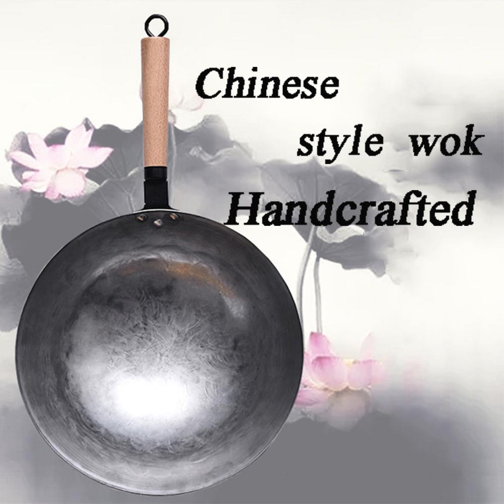 Chinese Ijzeren Wok Traditionele Handgemaakte Ijzeren Wok Non-stick Pan Non-Coating Gas Fornuis Kookgerei