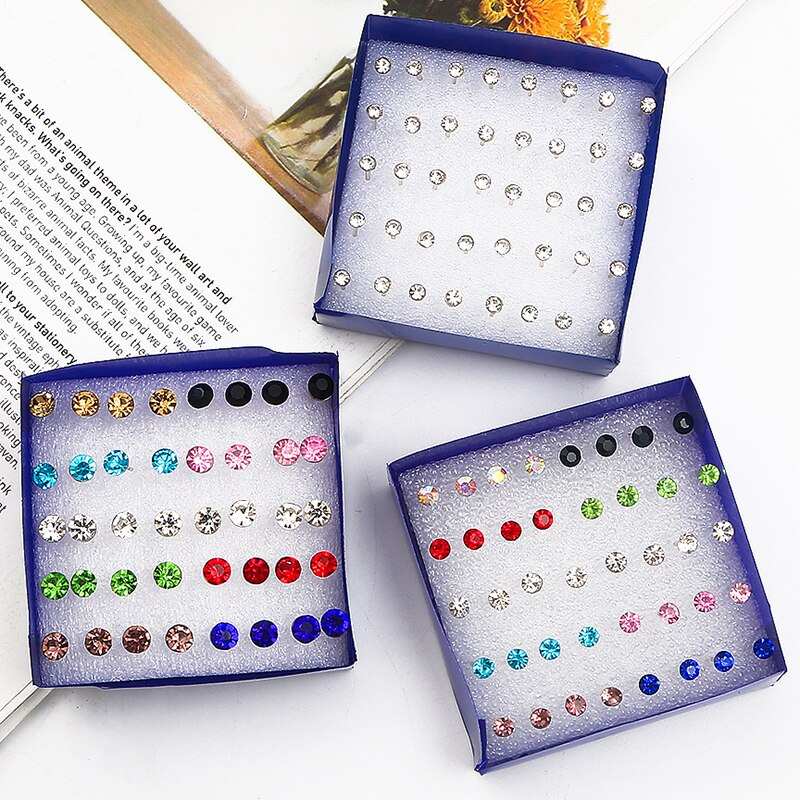 20 Paren/set White Crystal Stud Oorbellen Kleurrijke Mode Oorbel Voor Vrouwen Sieraden Strass Zilveren Kleur Piercing 2.5/3/4