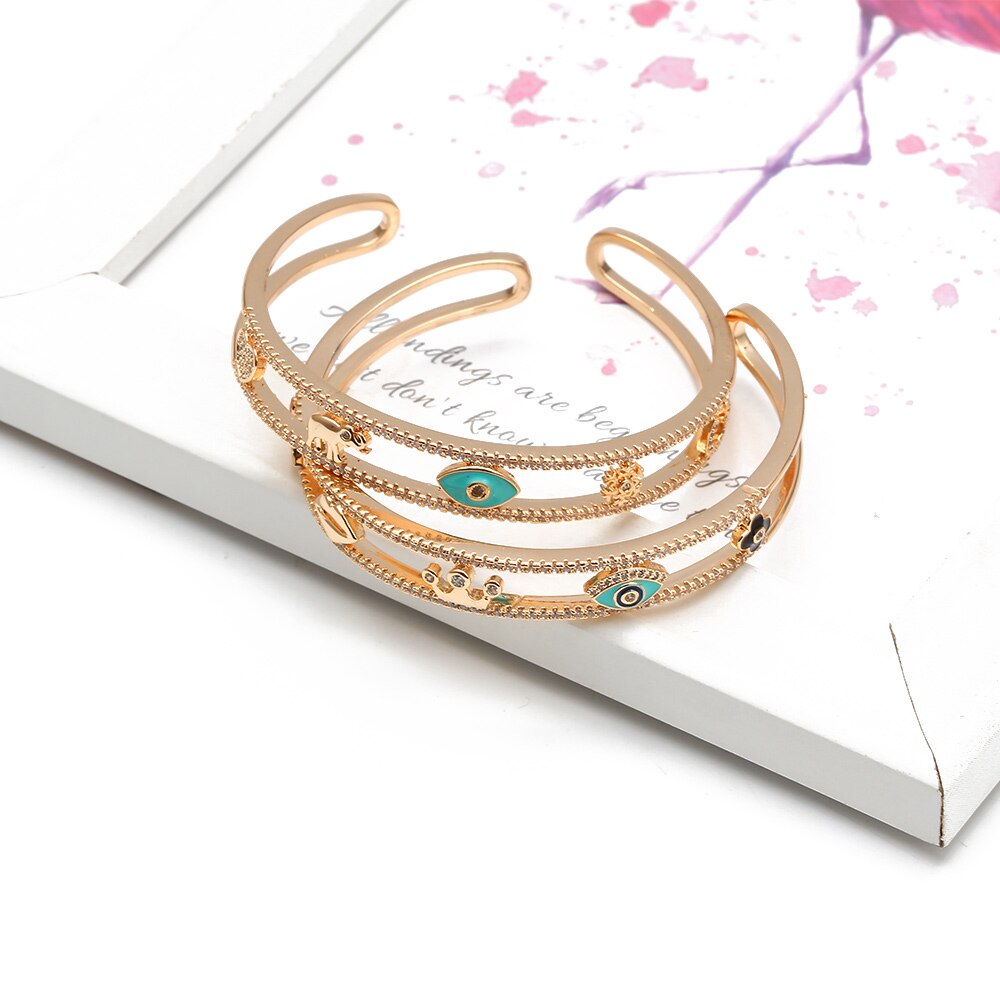 Lucky Eye Goud Kleur Bangle Open Manchet Armband Evil Eye Vlinder Hart Fatima Hamsa Hand Armband Voor Vrouwen Meisjes Sieraden BD241