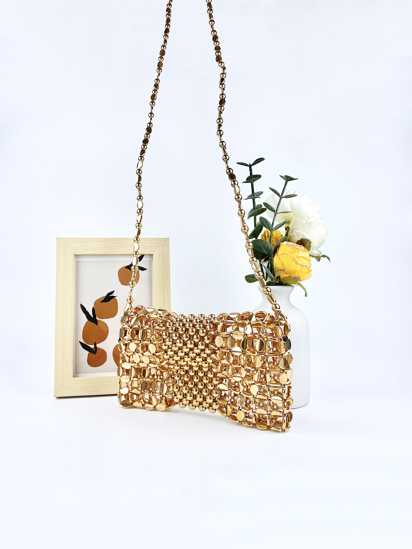 niche goud geweven ketting mobiele telefoon nul portemonnee crossbody handgemaakte dames geweven crossbody tas met kralen