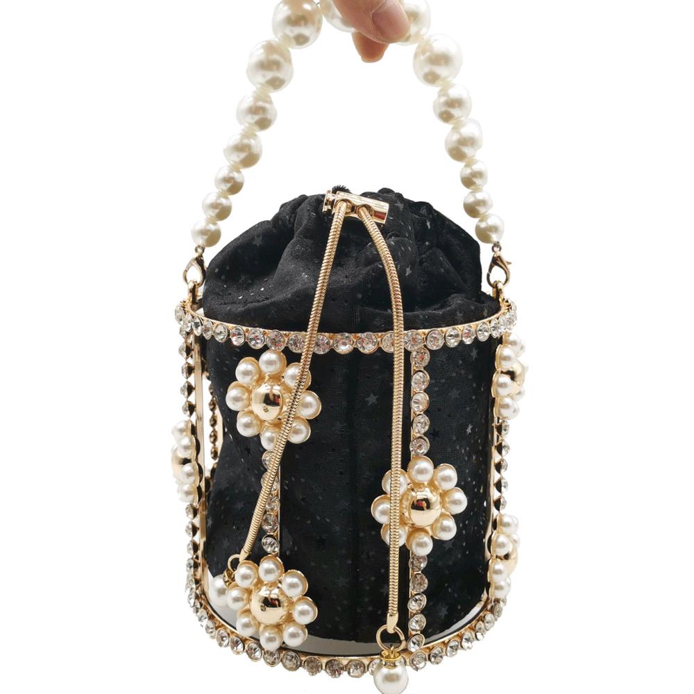 Boutique de fgg pearl tophåndtag kvinder spænde håndtasker blomster aftentasker dame metal clutches kæde skulder crossbody taske