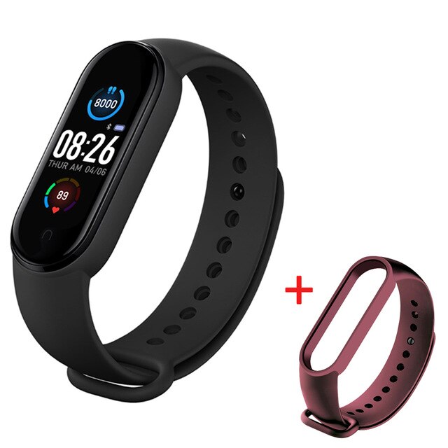 Smart Band M5 Smart Bracelet Blood Pressure Heart Rate Monitor Fitness Tracker Bluetooth M5 Band Men Women: Add Wine Red Strap