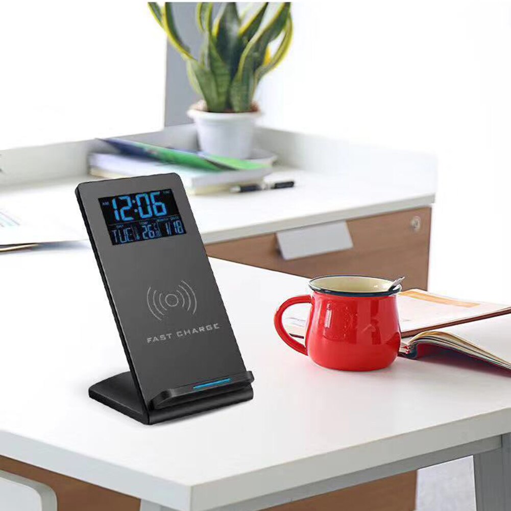 Desktop Wireless Charging Stand Mobile Phone Holder Time Temperature Alarm Clock Charging Adapter Receptor Pad Coil Receiver