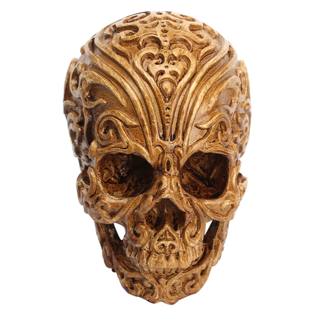 1PC Carved Skull Decorations Auspicious Clouds Skull Decor Resin Skull Head Crafts Household Halloween Adornment For Party Home: Brown