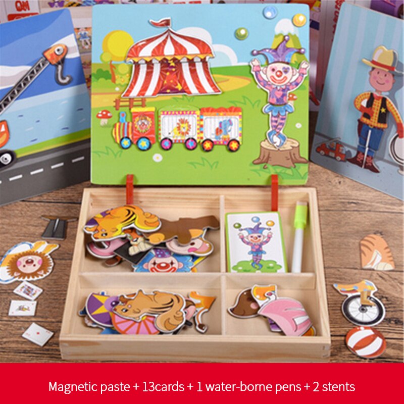 Wooden Magnetic Puzzle Character/baby Dressing/transportation/circus Dressing Boxed Educational Toy Puzzles: circus