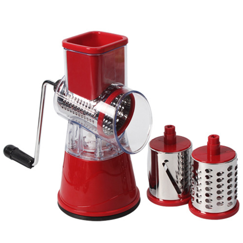 Rotary Cheese Grater Handheld Vegetable Mandoline Slicer Shredder with 3 Drum Blades Kitchen Tool SNO88: Red