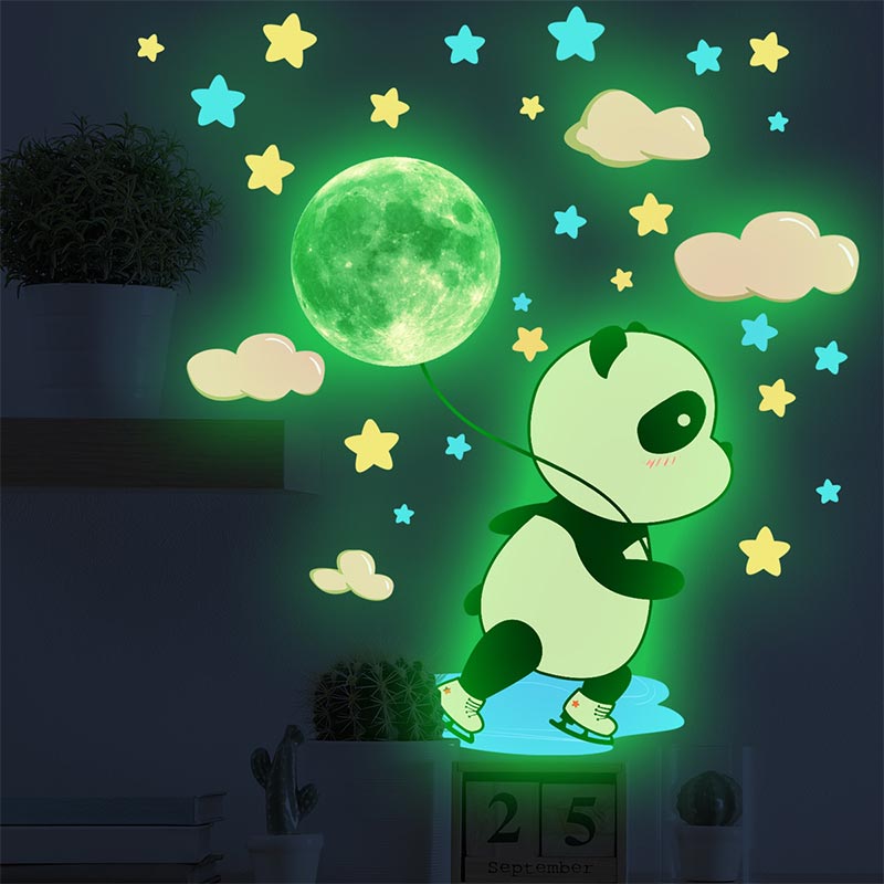 Ice Skating Panda Glow Sticker Home Kawaii Kids Room Decor Aesthetic Stars Wallpaper Decoration Bedroom Decorative Paintings