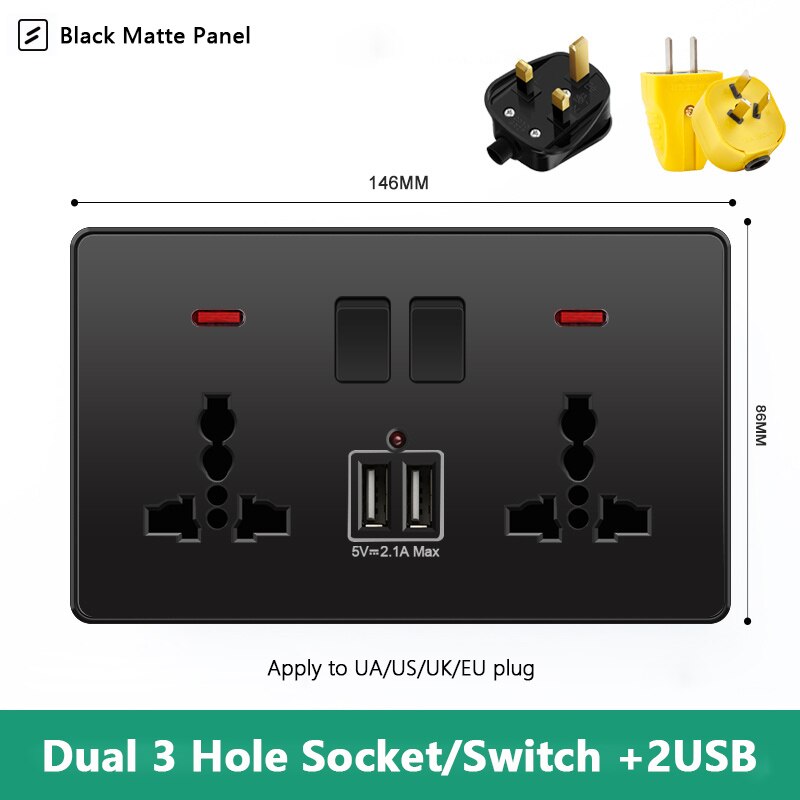 Atlectric Usb Wall Socket EU Standard Electrical Socketes Black Large Plastic Panel Multi-function Socket With Switch AC110-250V: 23HD2U2GL