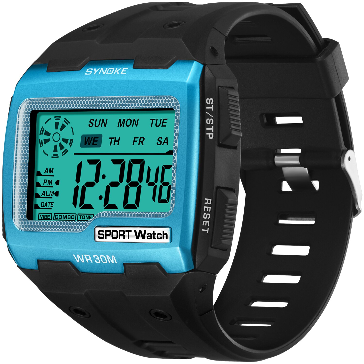 Synoke relógio de pulso digital masculino para esportes, ao ar livre moda multi função à prova d&#39;água visor grande luminoso relógio masculino com alarme: Blue