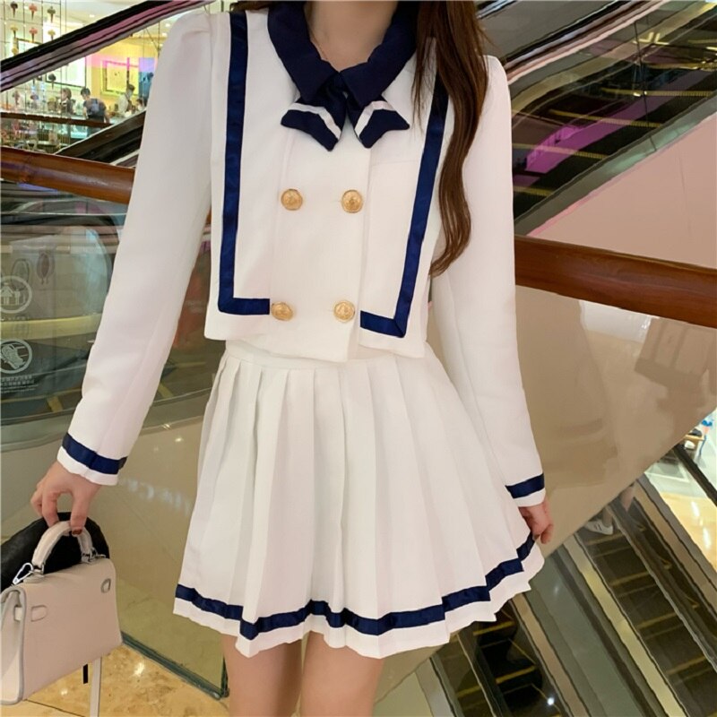 Ensemble de Style japonais coréen JK pour femmes, uniforme scolaire à manches longues pour élèves filles, marine de lycée, jupe plissée, hauts courts