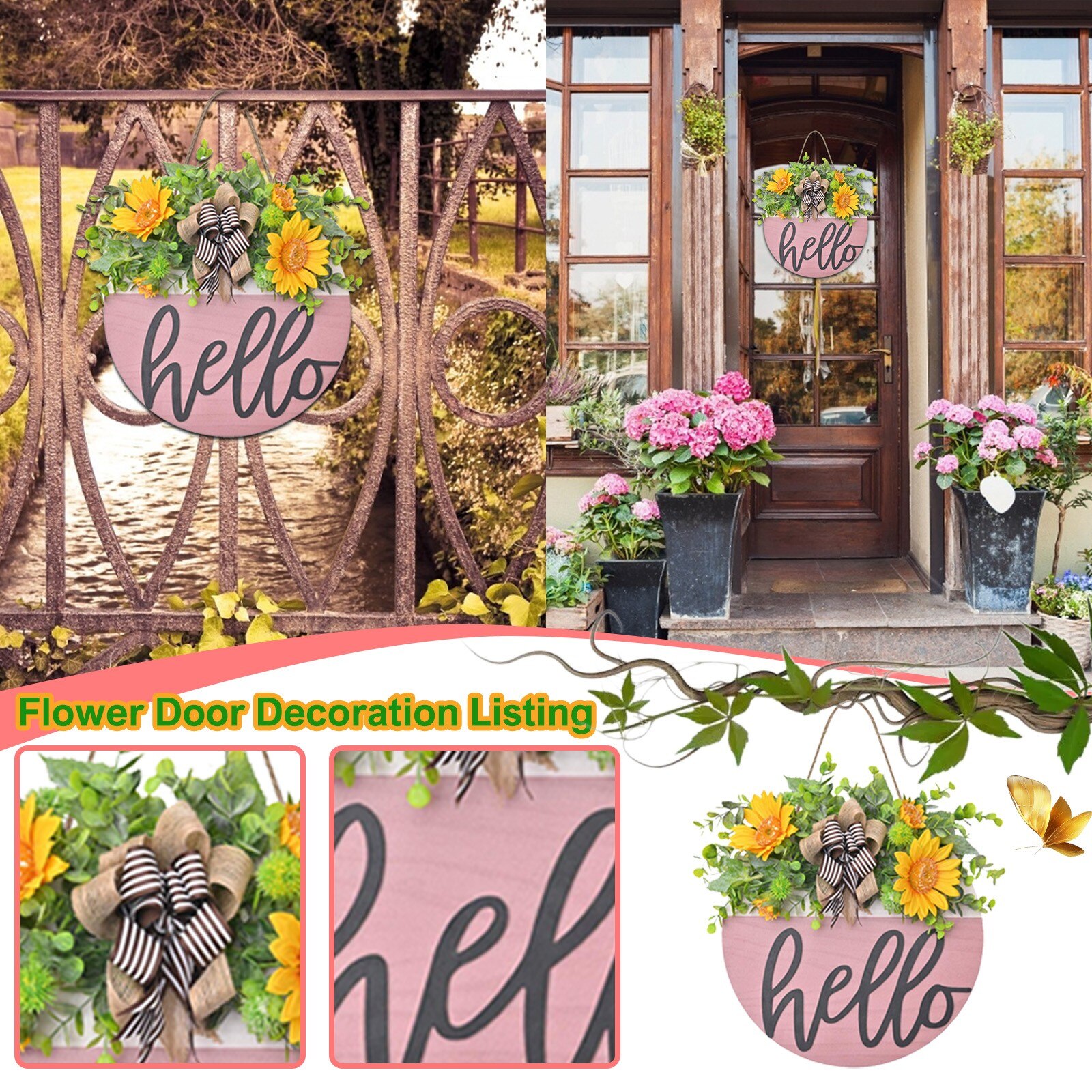 Signe de bienvenue pour porte de printemps en bois, Mini couronne de fleurs d'hortensia rose, décoration de maison, couronnes d'automne
