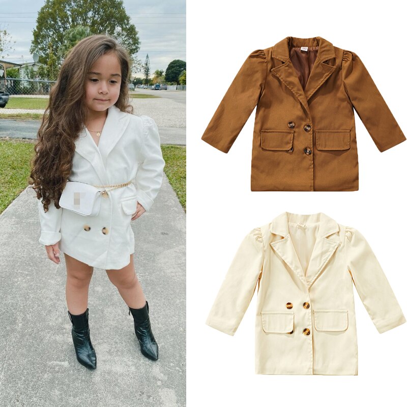 Veste 2 couleurs à manches longues pour fille de 1 à 6 ans, manteau de Blazer Double boutonnage à revers de couleur unie