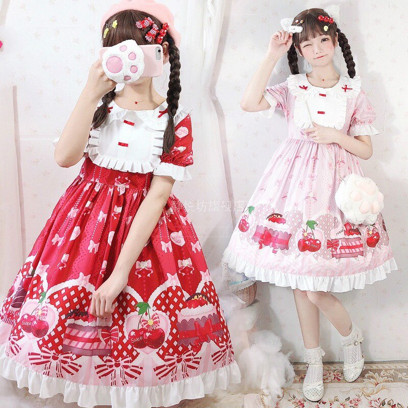 2 couleurs japonais lolita Swee fille lolita robe Kawaii fraise lolita robe été dessin animé cerise princesse robe thé fête