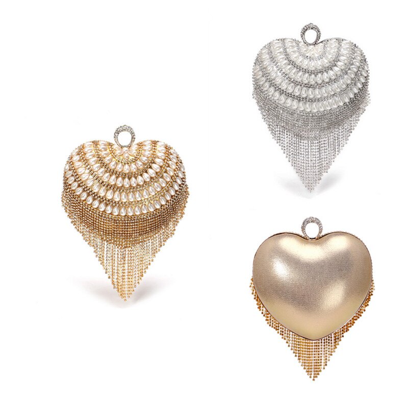 Small Clutches Women Tassel Heart Day Finger Ring Metal Crystal Evening Bags with Handle Beaded Purse Party