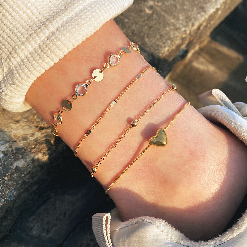 EN – Bracelet de cheville rétro pour femmes, ensemble de 4 pièces, goutte d'eau, perle, cœur, paillettes, style bohème, bijoux de plage, à la: ENS20014091