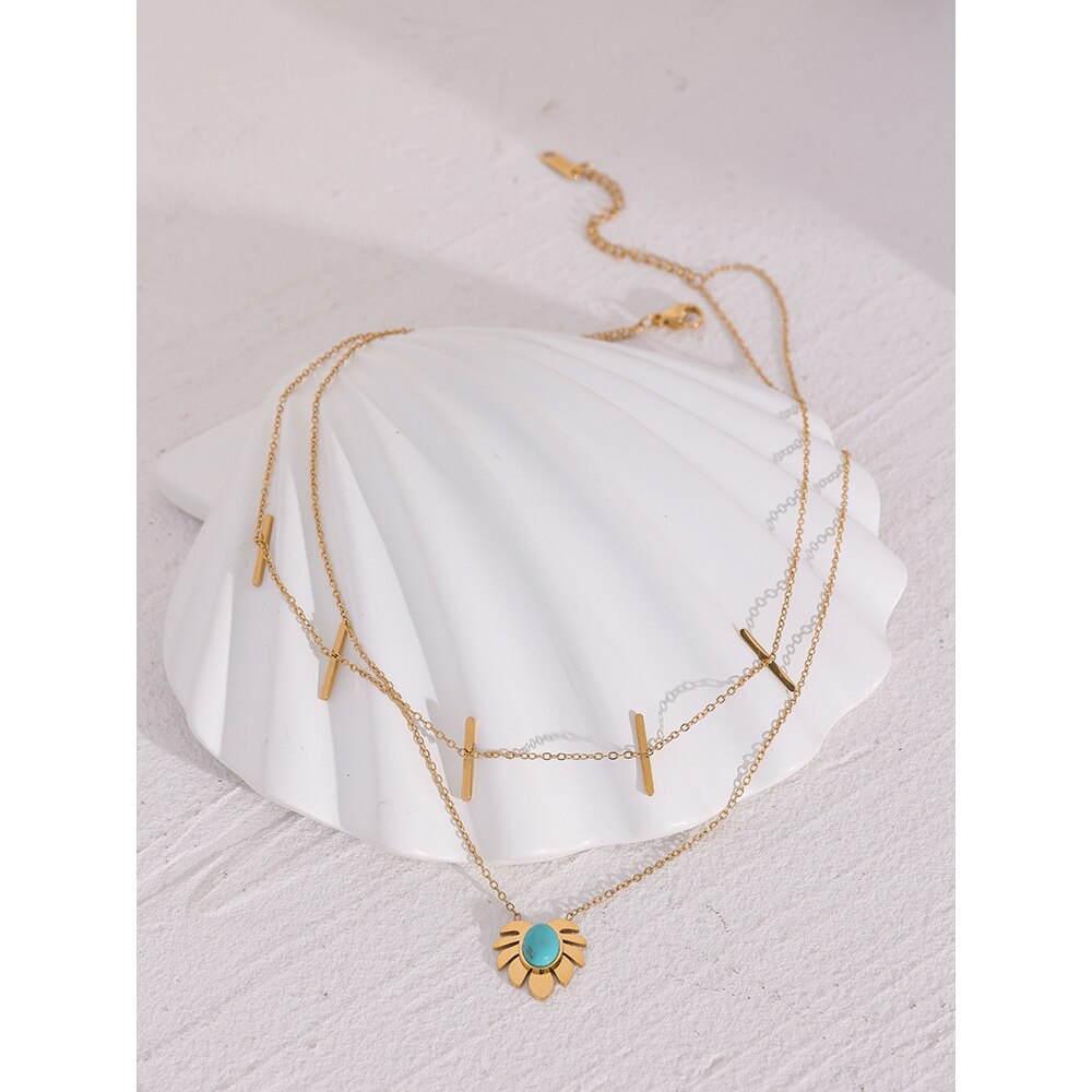 Yhpup Rvs Laat Stone Hanger Ketting Armband Set Stijlvolle Gouden Ketting Dubbele Gelaagde Sieraden Set Bijoux Femme