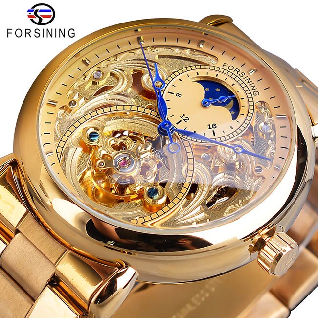 Forsining kongelig luksus månefase herre gylden gennemsigtig åben arbejde automatisk mekanisk armbåndsur top mærke luksus: S1125-8