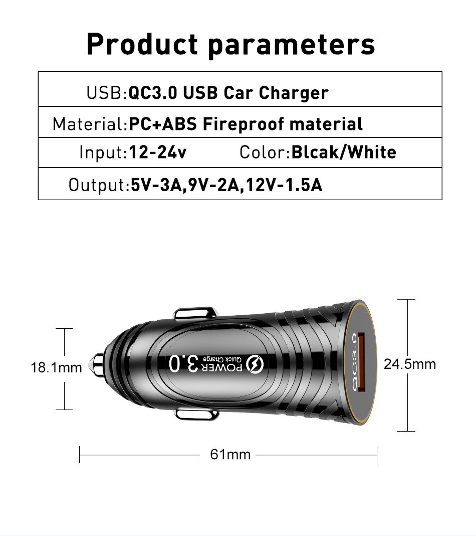 Car USB Charger Quick Charge 3.0 Universal 18W Charging in Car For iPhone 12 Pro Max Xiaomi Samsung Huawei P40 Fast Car Charger