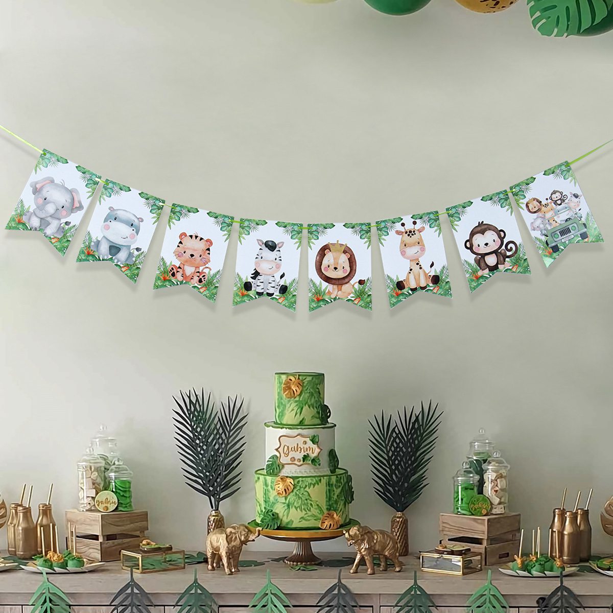 Jungle Party Backdrop Garland Zoo Safari Theme Lion Monkey Dinosaur Animal Bunting Garland Kids Birthday Decor Paper Banner