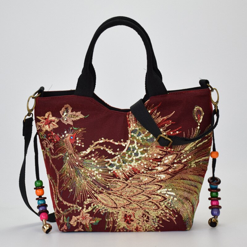 Ainvoev Embroidered Women Canvas Summer Shopping Shoulder Bag Vintage Beaded String Handbag Shiny Sequins Peacock