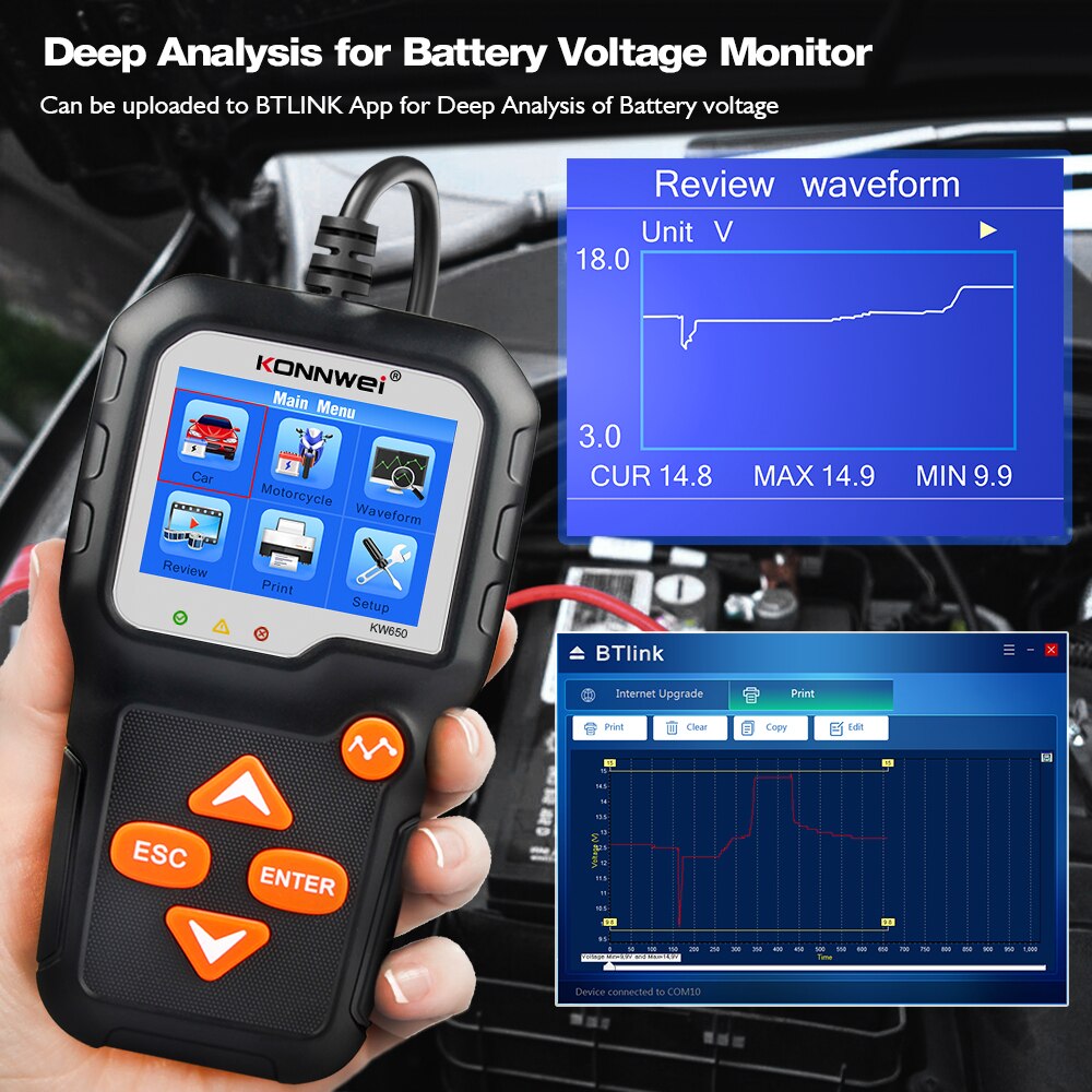 KW650 Car Motorcycle Battery Tester 6V/12V Battery System Analyzer 2000CCA Charging Cranking Test Charging Test Tool for The Car