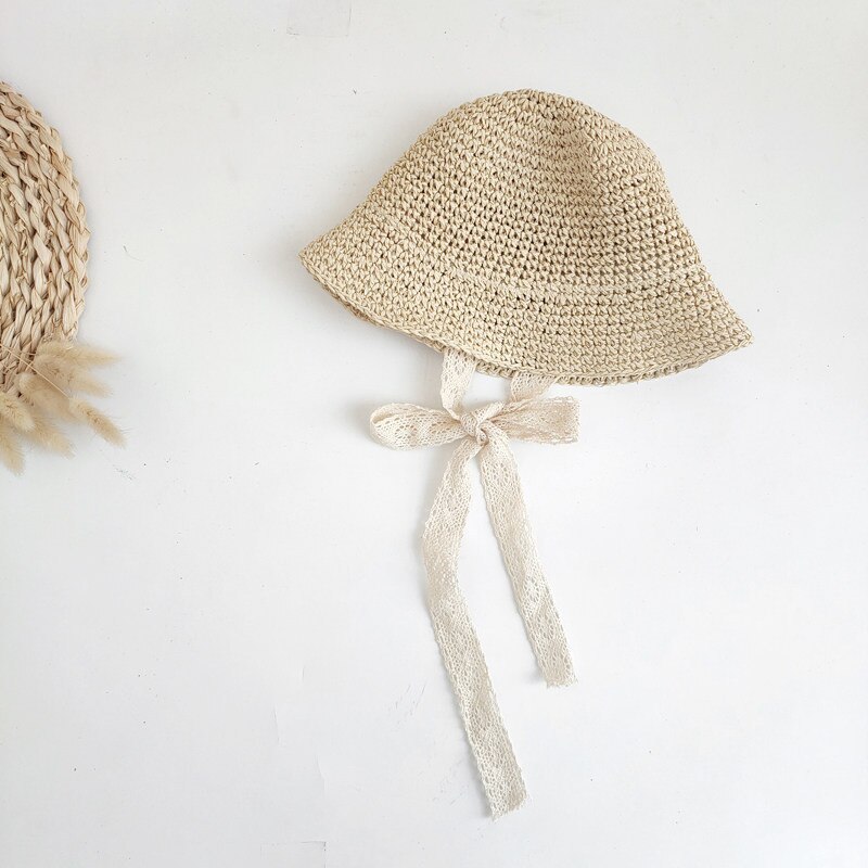 Chapeau en dentelle pour bébé fille, avec nœud de paille, pour la plage, couleur unie, mignon, princesse, en lin, respirant: Beige / 1-3Y(48cm)
