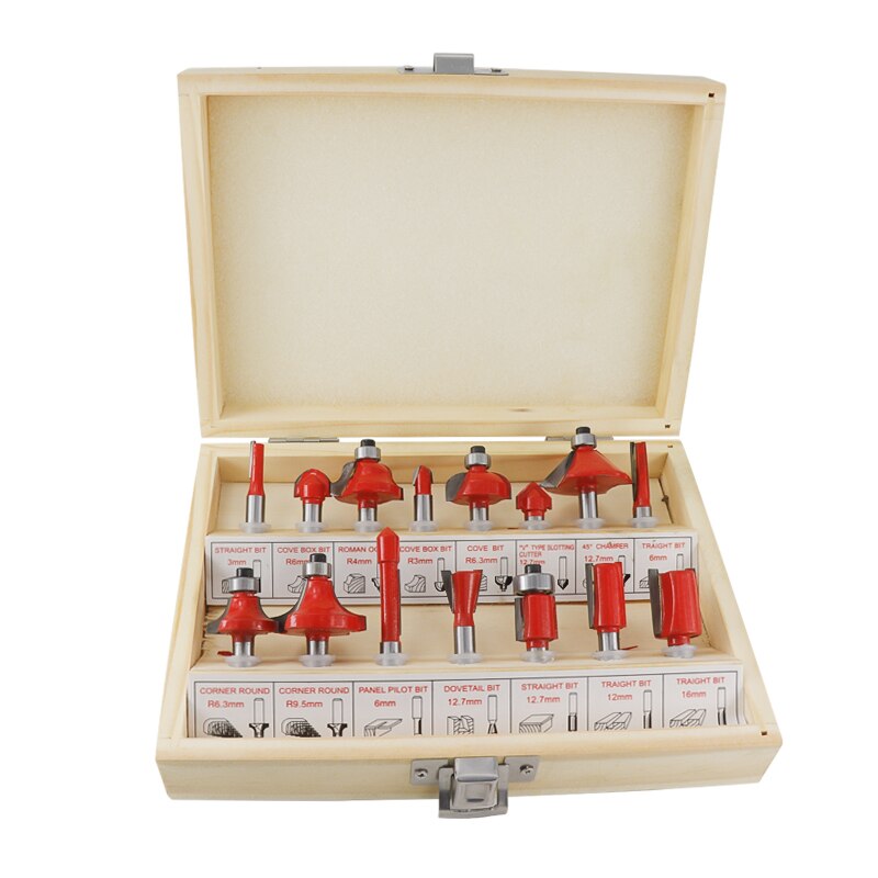 Carbide Router Bit Kit Wood Milling 6 Bearing Tungsten Cutting Router Set Tools 15pc For Woodworking Engraving Slot Trim Cutter