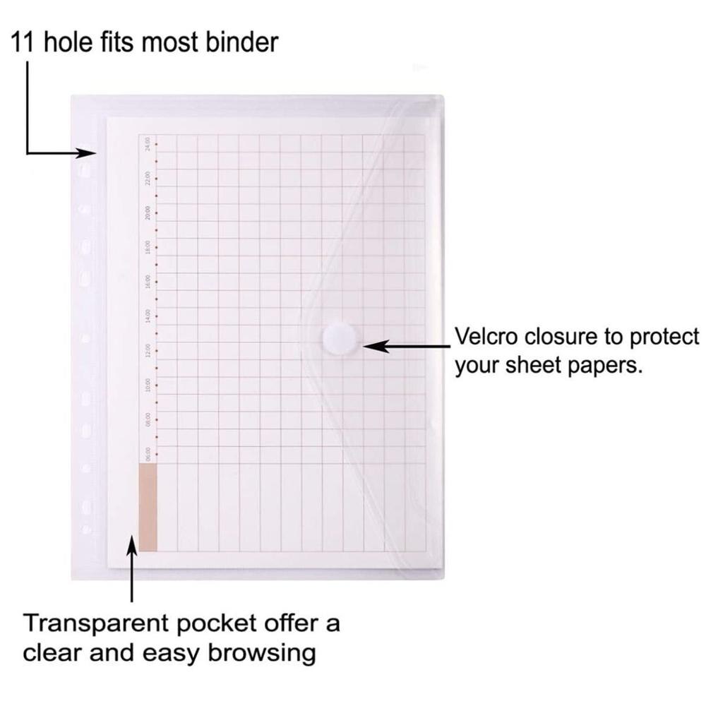 5pcs/Set 11-Hole Clear Plastic Envelope Binder Pockets Folder, A4 Size Paper Document File Bags for 2 /3/4 Ring Binder,5 Packs