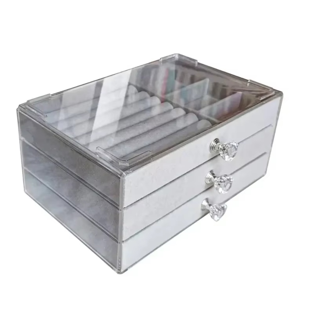 Acrylic Velvet Jewelry Organizer with 3 Drawers Stackable Display Storage Earrings Necklace Bracelets Box Holder Case for Women: Light Grey