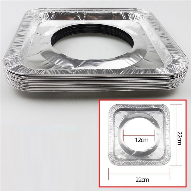 10pcThick Aluminum Foil Stove Burner Gas Oven Cover Reusable for Gas Stove Top Liners Oil-proof Cleaning Pad Square Round Mat: Beige