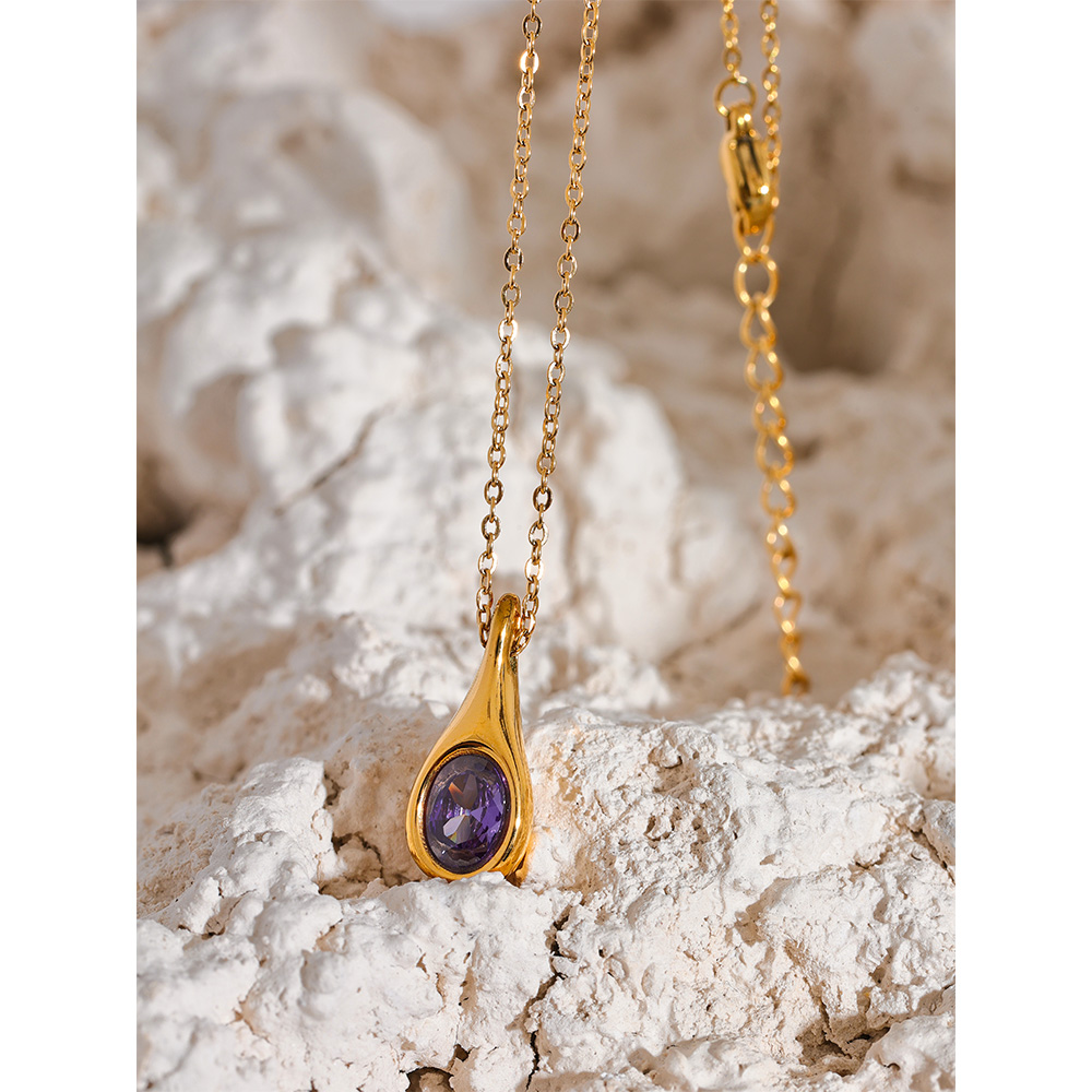 Yhpup paarse zirconia roestvrij staal waterdruppel CZ hanger mode ketting delicate vrouwen chique sieraden cadeau