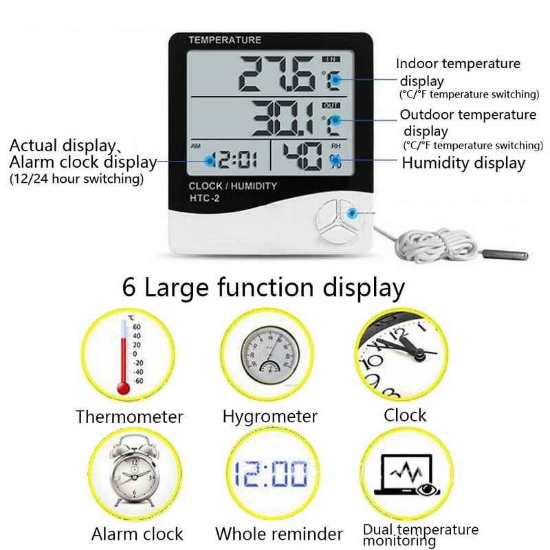 Lcd Digitale Temperatuur-vochtigheidsmeter-2 -1 Indoor Outdoor Hygrometer Thermometer Weerstation Met Klok