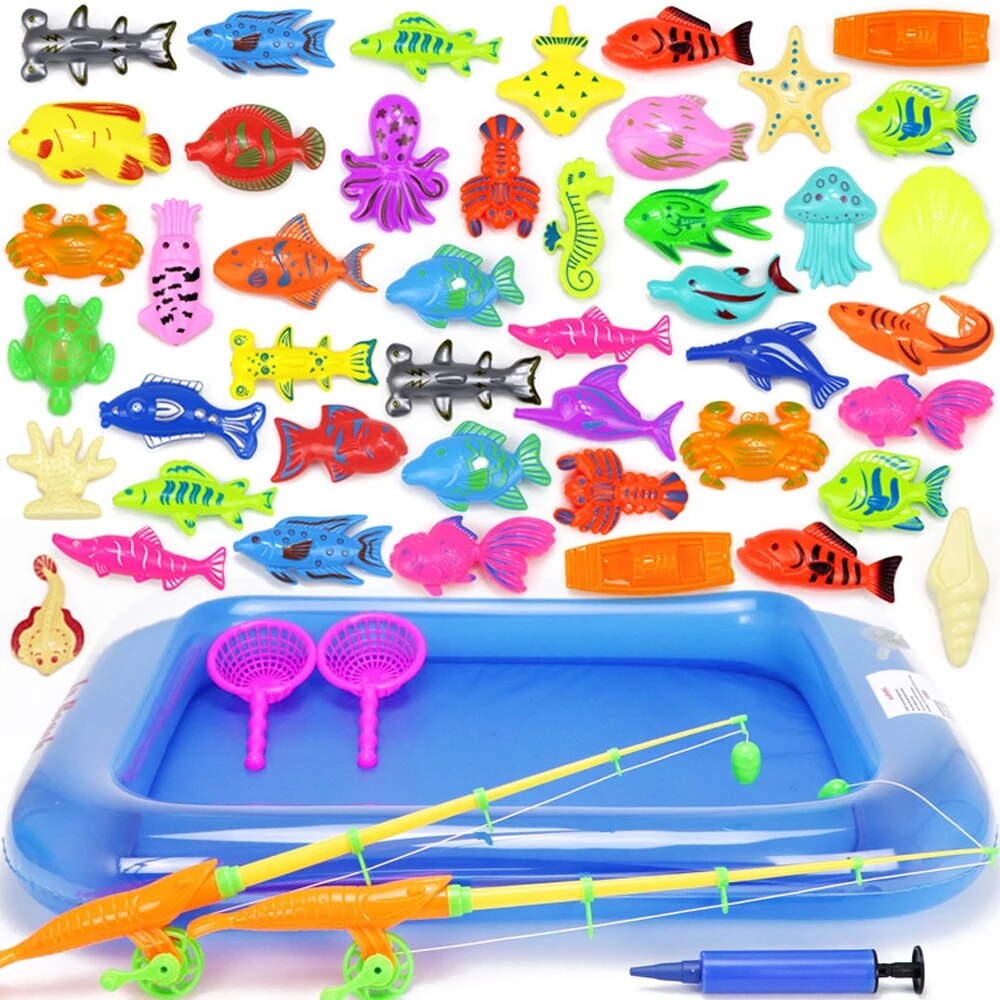 Juego de pesca con imanes para niños, juguetes de agua con imán de piscina inflable, caña de pescar, 15-68 piezas