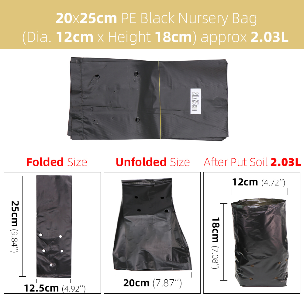50/100Stck PE Verdicken Pflanze Wachsen Tasche Kindergarten Taschen Sämling Töpfe mit Atmungsaktive Löcher Schwarz Pflanzen Sack Umweltfreundliche garten: 100Stck / Schwarz 20x25cm