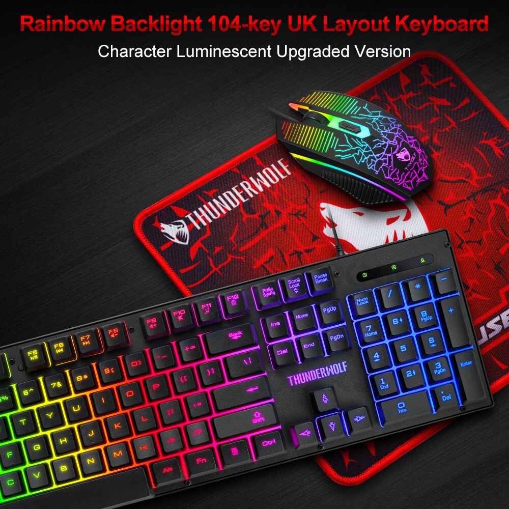 Usb gaming pc keyboard, keyboard mouse, mouse pad, three-piece illuminated gaming wired set, 104 keys, gaming keyboard, wired mouse