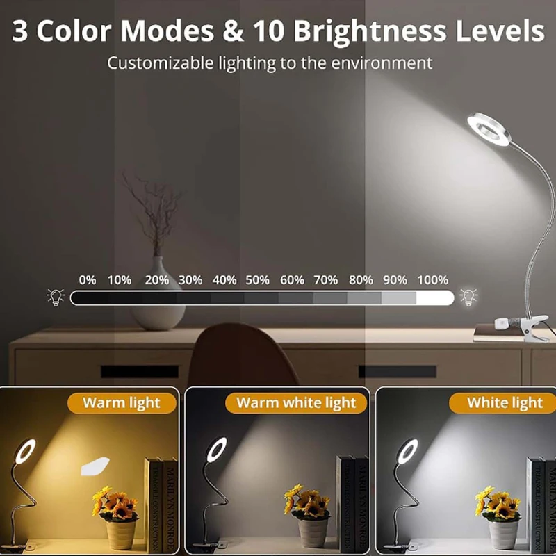 LED-leeslamp met klem 3 kleuren en 10 helderheid Bureaulamp Flexibele zwanenhals Boeklamp Kinderen lezen Nachtlampje Boeklicht