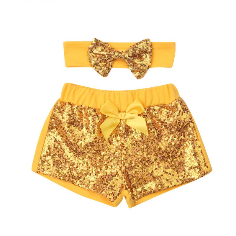 Peuter Sequin Korte Kids Baby Girl Boog-knoop Party Bling Shorts Bottoms Pailletten Broek Hoofdband Kinderkleding