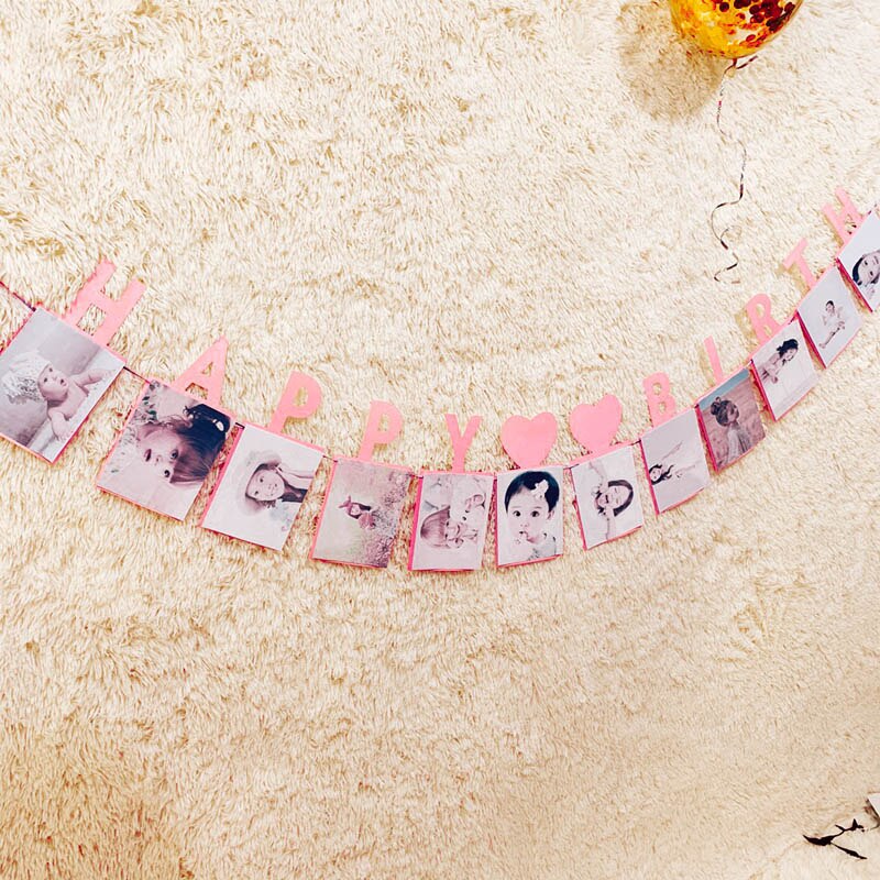 Happy Birthday Photo Frame Banner First Party Decorations 1st Baby Boy Girl My 1 One Year Paper Garland Supplies Blue 12 Months