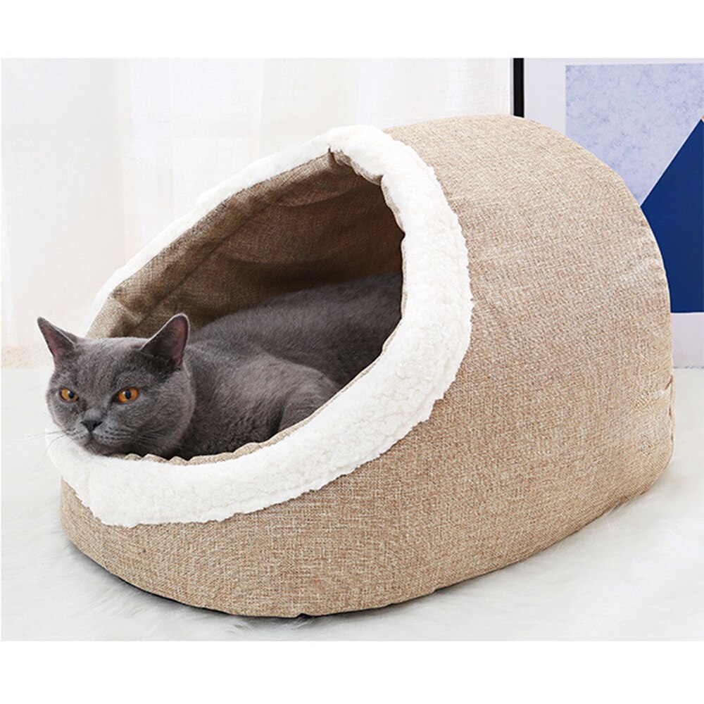 Hiver lavable lit pour animaux de compagnie chat grotte lit laine chat panier avec coussin gratuit oreiller lit pour chien chats coussin pour animaux de compagnie dans les fournitures de chat: Beige