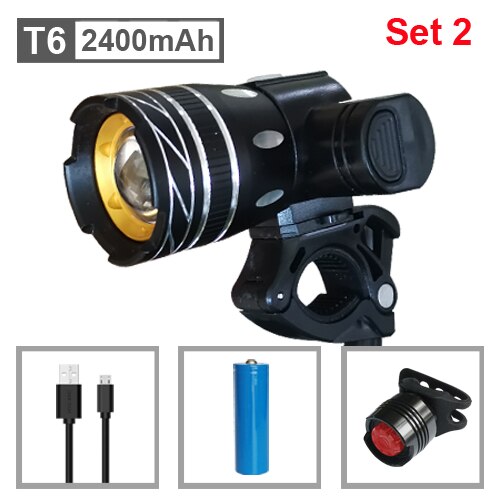 NEWBOLER 800LM Taschenlampe Für Fahrrad T6 Zoom LED Scheinwerfer USB Ladung Fahrrad Front Licht Set Wasserdicht Rücklicht Bike Accessorys: 2400mAh Set 2