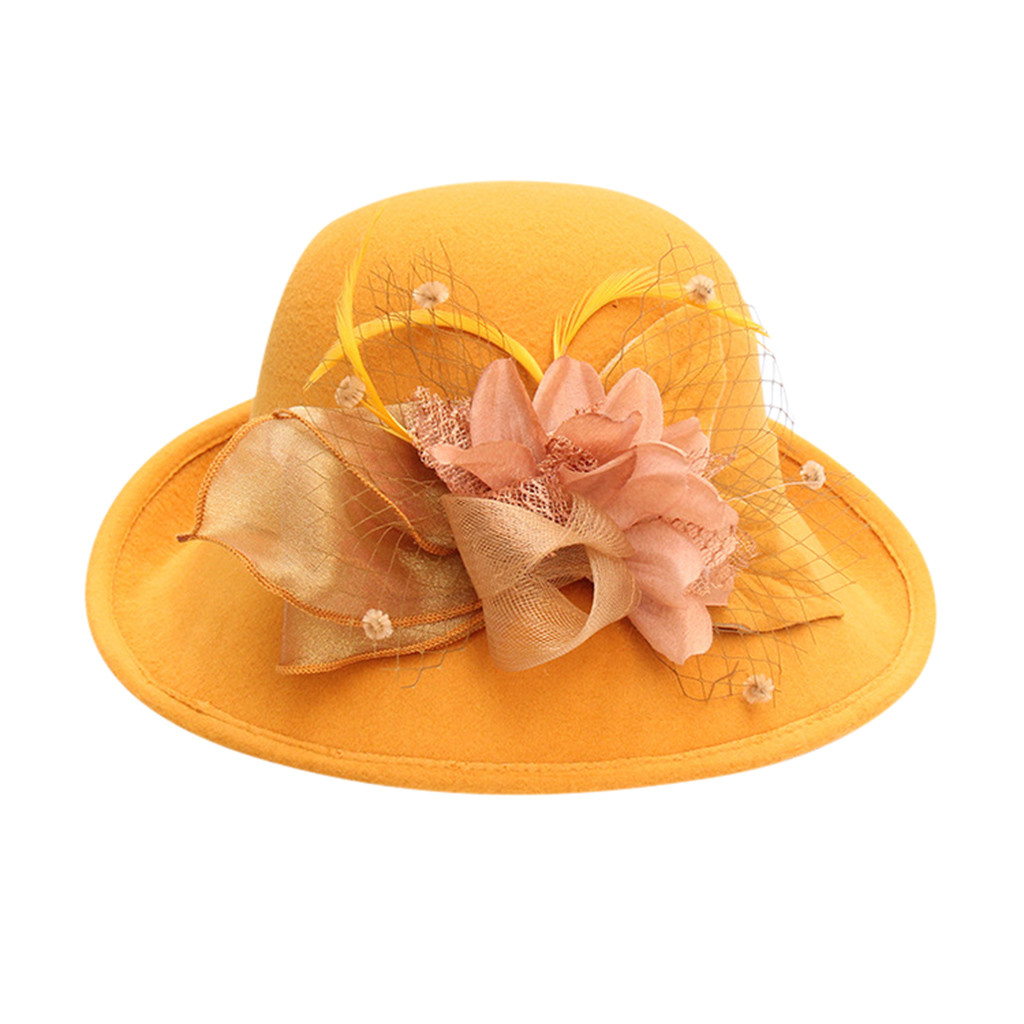 Vintage Black Wool Felt Cloche Hat With Bowknot Wide Brim Bowler Winter Fedoras Ladies Yellow Blue Floppy Derby Hats Cap#p5: YELLOW