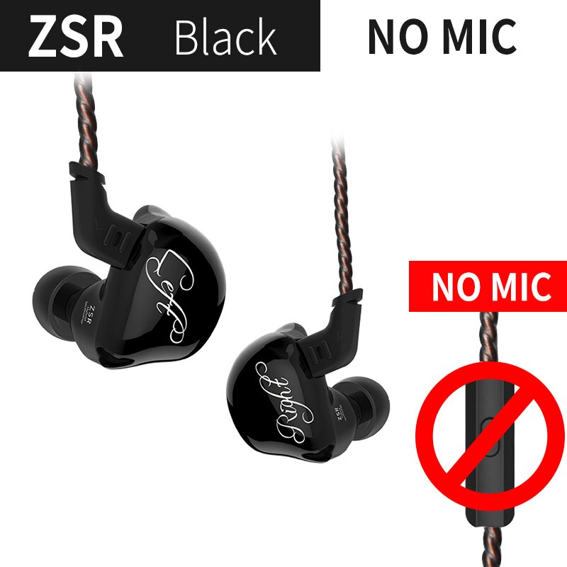 Kz Zsr 1DD + 2BA Hifi Sport In-Ear Oortelefoon Dynamische Driver Noise Cancelling Headset Vervanging Kabel AS10 ZS10 zst: black no mic