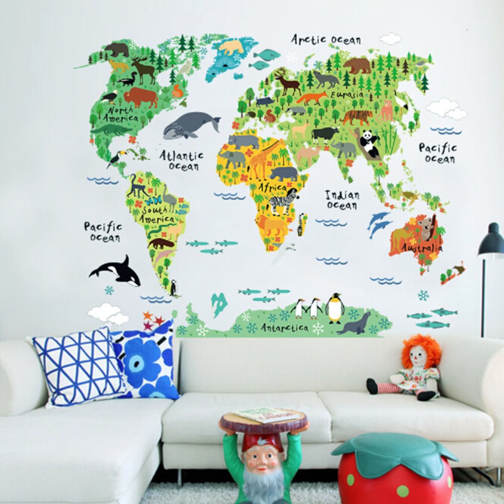 1Pcs Cartoon Animals World Map Wall Stickers Safari Mural Art Zoo Nursery Posters Kids Children Room Home Decals