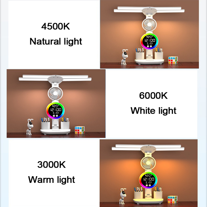 Candeeiro de mesa recarregável para estudo, candeeiro de mesa luz de leitura led candeeiro de mesa com ventilador, relógio led dispaly lâmpada de leitura