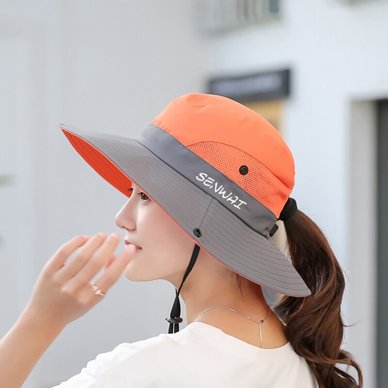 Hiking Caps Bucket Hat Wide Brim Quick Drying Breathable Foldable Sunshade Sun Ponytail Cap With Chin Strap