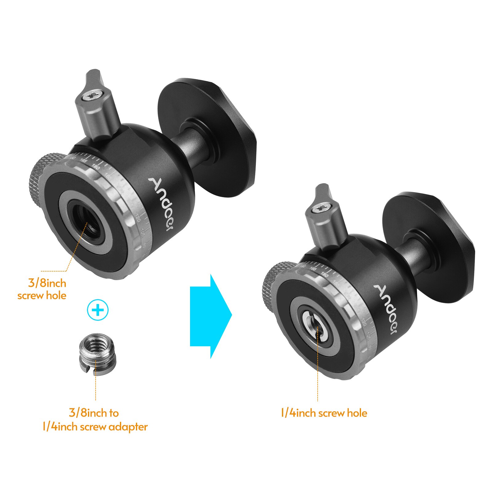 Andoer Compact Panorama Ballhead Tripod Mount Adapter 1/4 Inch Screw Connector Mini Ball Head for Camera Smartphone Video Record