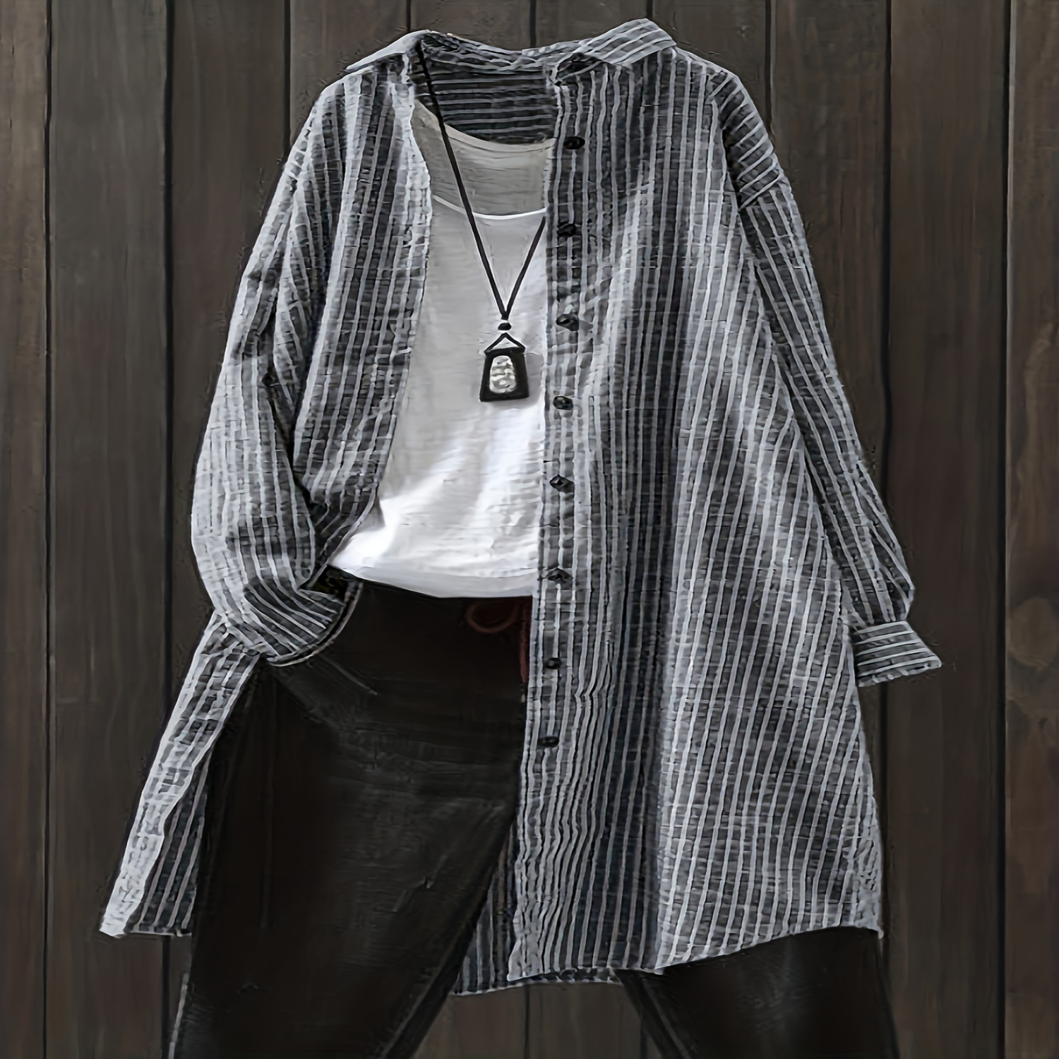 Chemise boutonnée à imprimé rayé sur le devant, chemise polyvalente à manches longues pour le printemps et l'automne, vêtements pour femmes