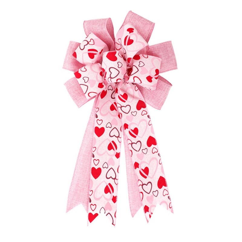 Q0KF Heart Printed Bow Pink DIY Valentine's Day Bows Decoration for Shop Garden Party