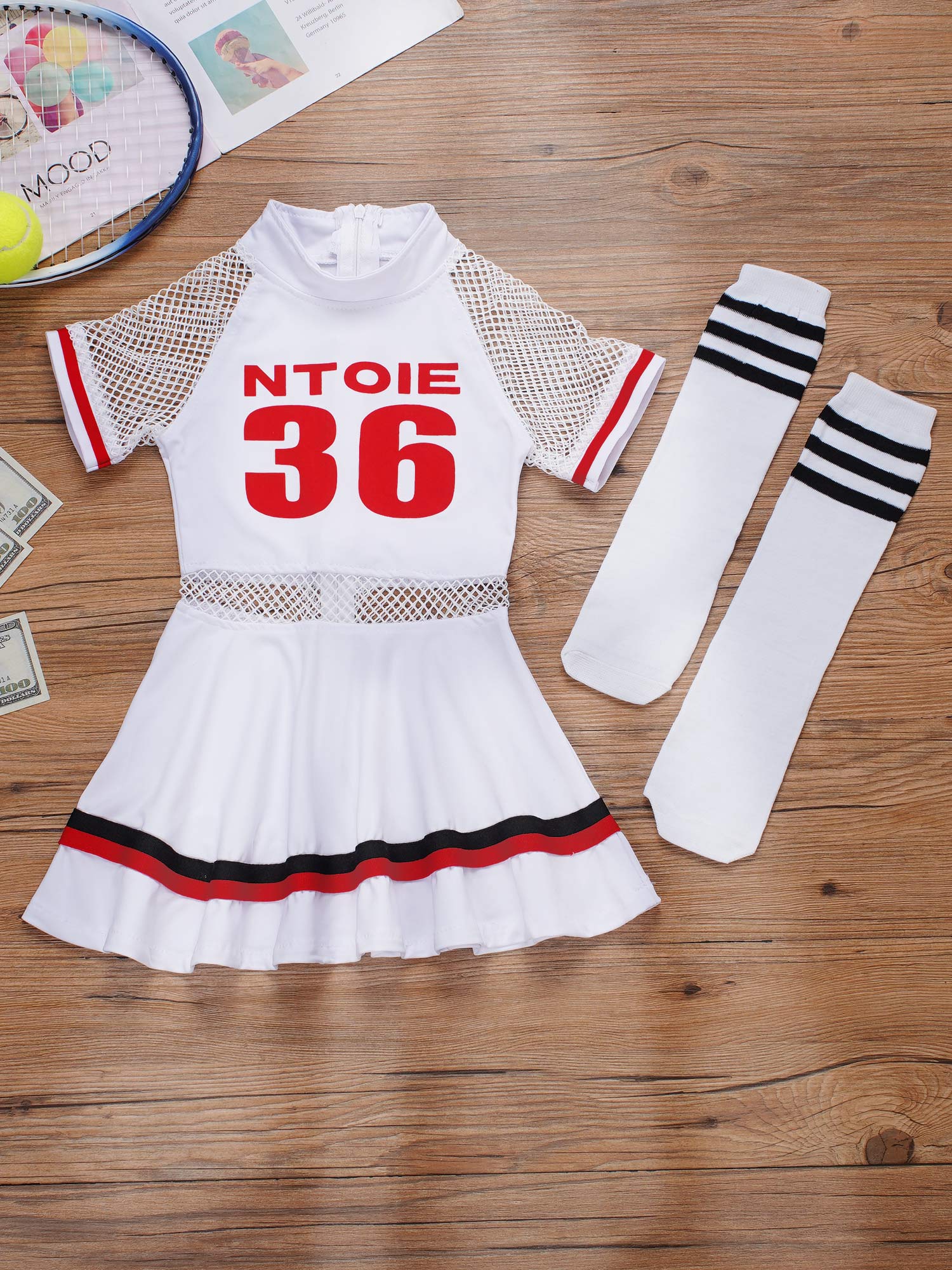 Kids Girls CheerleadingsPerformance Clothes Fishnet Short Sleeve Round Neckline Letter Number Print Dance Dress with Socks